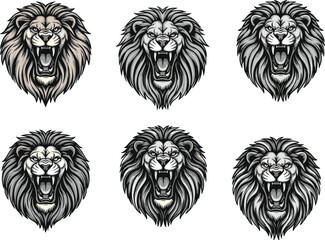 Roaring Lion Head Vector Illustrations in Black and Gray Color Scheme for Tattoo, Logo, Emblem, and Graphic Design Projects