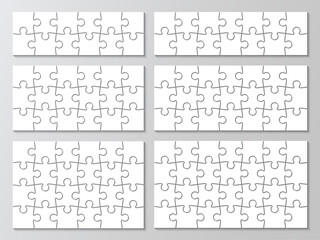 Set of 6 mosaic templates. Jigsaw grid collection. Simple puzzle layout with separate shapes. Modern background. Puzzle laser cut frames. Vector illustration.