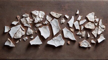 A top-down view of shattered porcelain pieces scattered across a rustic brown surface, each fragment telling a story of loss and nostalgia. The minimalist 
