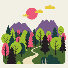 Colorful Mountain Forest Illustration with Winding Path