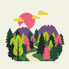Forest Landscape Illustration with Mountains and Winding Path