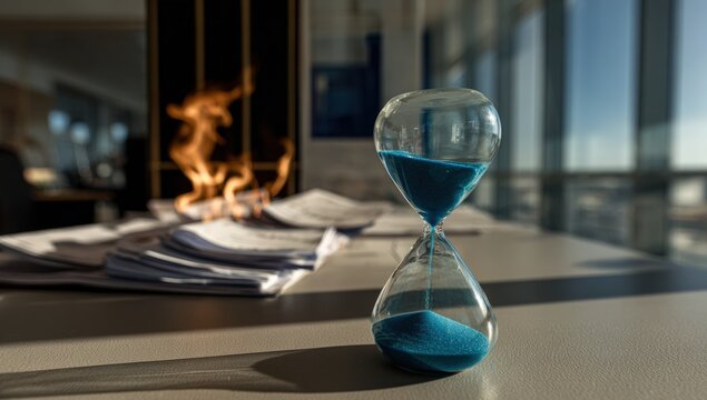 Hourglass on office desk with fire