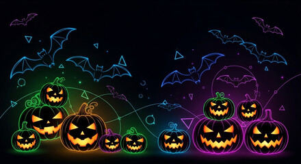 Abstract halloween background with glowing pumpkins and bats, perfect for spooky night celebrations and festive designs with a modern twist