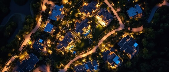 A night view of a neighborhood with a lot of houses