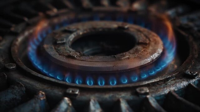 blue flame gas stove burner ignition fire closeup view