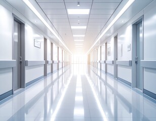 Fototapeta premium Long hospital corridor perspective shot, showing bright white walls, doors, and gleaming floor, conveying a clean and sterile atmosphere.