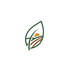 Eco Leaf logo with farm landscape and sunrise design 