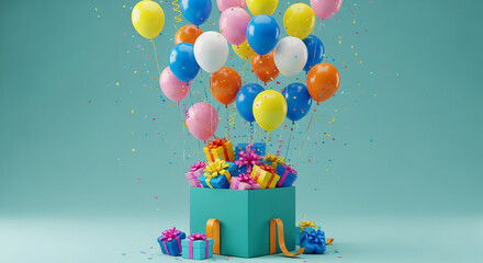 Colorful balloons and gifts emerge from a teal box, surrounded by confetti, illustrating celebration, joy, and festivity, ideal for birthday or party themes