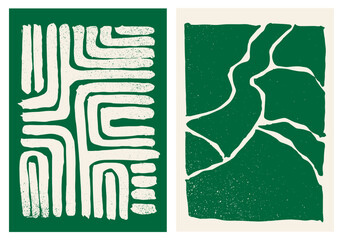 Mid century modern minimalist art print set with wavy shapes and lines. Painting print templates. Grainy bold brush strokes texture, organic shapes