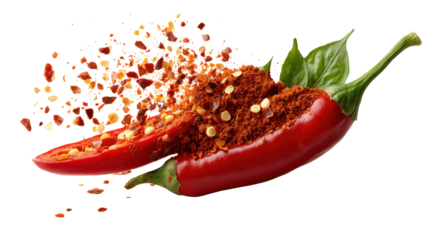 Explosive Flavor: A dynamic visual of a vibrant red chili pepper, sliced and exploding with crushed flakes, leaves, showcasing the intensity of its essence