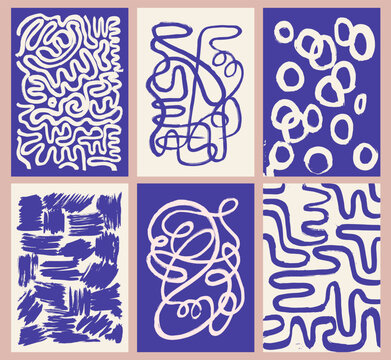Gallery wall art set. Modern naive backgrounds with abstract continuous line, playful curved bold brush strokes, lines and circles. Organic shapes, indigo color