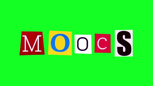 MOOCS acronym compiled from bright stickers moving in stop motion on chroma key background. Massive open online courses isolated logotype is filmed on green screen. Creating educational banner
