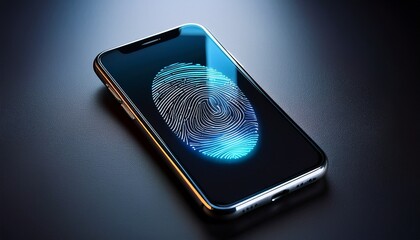 closeup of a smartphone on a dark surface using fingerprint identification technology for secure access