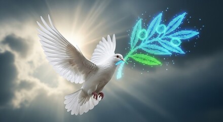 Obraz premium White dove holding digital olive branch.