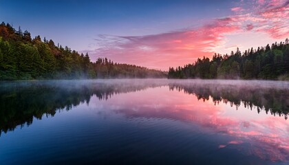 serene lake reflects soft pink glow sunrise misty vapors rise surface towards backdrop lush green trees