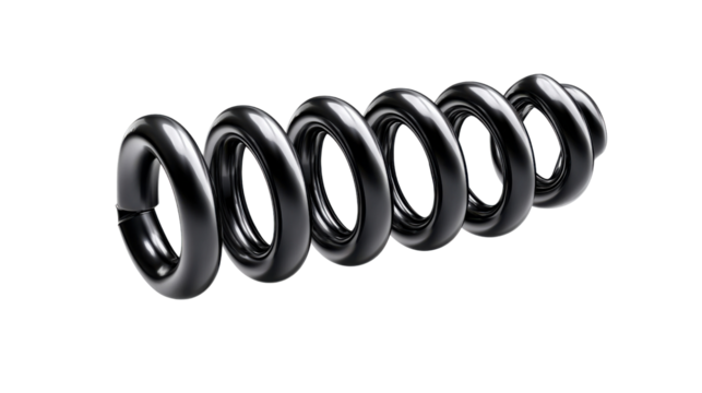 Mechanical Coil Spring: A black mechanical coil spring isolated, representing industry and engineering components with a sleek, modern aesthetic. Emphasizing functionality and precision.