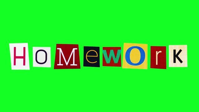 Homework isolated headline on green screen background made of crumpling and unwrapping letters. Animated templated with the word meaning tasks for doing after school to learn and repeat the rules