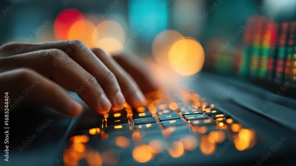 Poster a close-up of a hand typing on a keyboard, illuminated by vibrant, colorful lights, creating a dynam