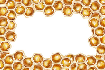 Watercolor illustration of a golden honeycomb frame with hexagonal cells. Ideal for organic product labels, honey packaging, skincare, eco goods, and culinary design.