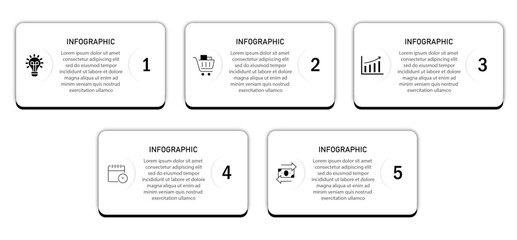 Business infographic vector illustration | Business process visualization with 5 steps white diagram in two row | Modern elegant design for presentation, web, corporate with black color