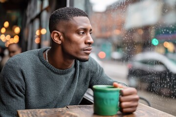 Young african american man sitting in cozy cafe by window, holding coffee mug and looking outside with thoughtful expression. Casual city lifestyle, rainy weather mood, mental health moment.
