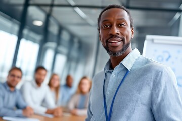 Smiling African American business trainer standing in front of diverse office team during corporate presentation. Confident male coach or consultant leading workshop in modern boardroom.