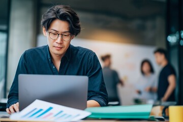 Young asian man working on laptop with financial charts on desk in modern office. Casual employee or startup analyst focusing on business project while colleagues brainstorm in blurred background.