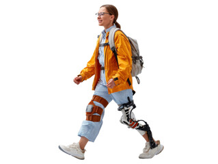 Empowered stride: A determined woman confidently strides forward, supported by a prosthetic leg and knee brace, against a background that conveys progress and resilience.