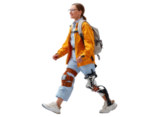 Empowered stride: A determined woman confidently strides forward, supported by a prosthetic leg and knee brace, against a background that conveys progress and resilience.