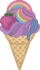 Delicious chocolate ice cream cone with scoops of sweet frozen dessert