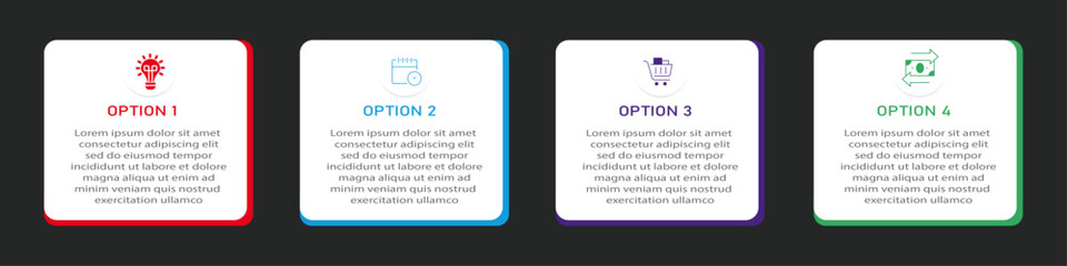 Business process visualization with 4 steps timeline diagram | Infographic data presentation with icon | Vector illustration suit for business, web, corporate, presentation with black background