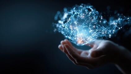 A hand holds a glowing, digital network