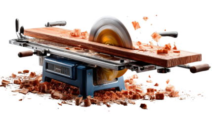 Precision Woodworking: A state-of-the-art saw blade slices through a piece of hardwood, showering the workspace with crisp, freshly cut wood chips, a tribute to craftsmanship. 