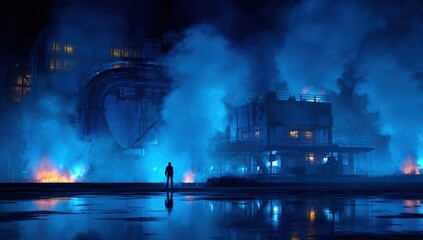 Nightfall over a dystopian cityscape