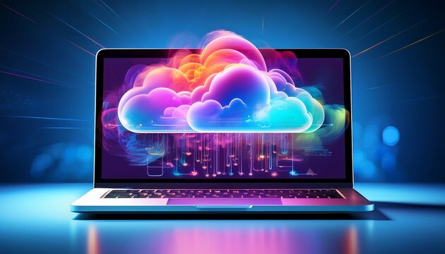 a laptop displays a vibrant cloud computing graphic symbolizing the modern digital cloud technology services it accesses