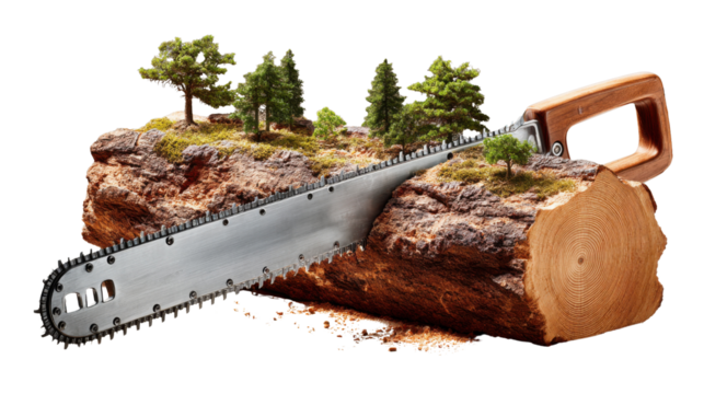 Environmental Impact: A stark visual metaphor depicting a chainsaw severing a tree trunk, symbolizing deforestation and its detrimental effects on the environment.