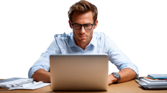 Focused Man at Desk: A focused man with glasses working on a laptop computer, surrounded by papers and office supplies. Immersed in his task.