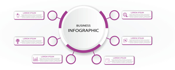 Business process with timeline and icon - Infographic 6 steps or options cycle for visualization business information - Modern orchid vector illustration for web, presentation, futuristic design 