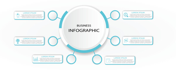 Business process with timeline and icon - Infographic 6 steps or options cycle for visualization business information - Modern cyan, white vector illustration for web, presentation, futuristic design 