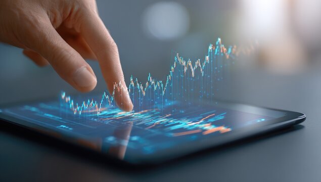 A hand interacts with a digital stock chart on a tablet