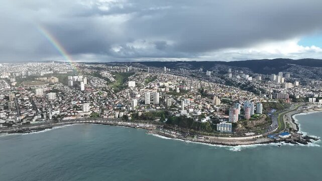 Vina del Mar in Chile with a rainbow. Beautiful aerial image of the coastline.
