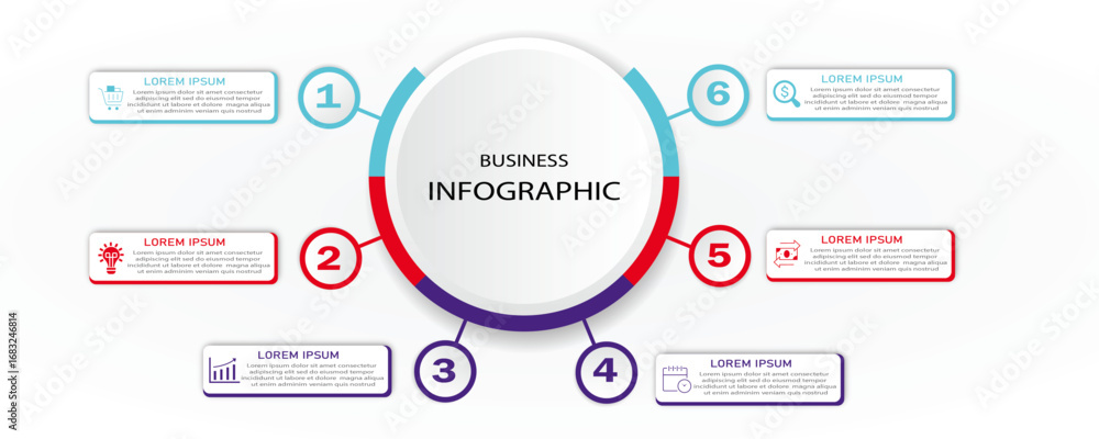 Poster business process with timeline and icon - infographic 6 steps or options cycle for visualization bus