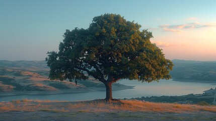 A serene landscape featuring a lone tree standing majestically on a hillside, overlooking a calm body of water under a soft sunset sky