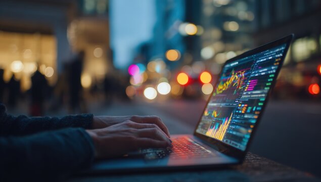 Night city, laptop, stock charts