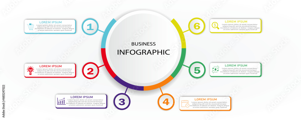 Poster business process with timeline and icon - infographic 6 steps or options cycle for visualization bus