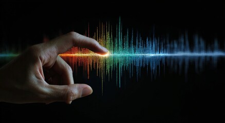 A hand interacts with a vibrant sound wave
