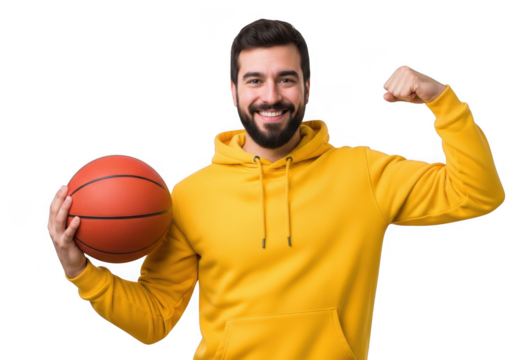 Muscular man with basketball flexes bicep proudly smiling in yellow hoodie transparent background - Powered by Adobe