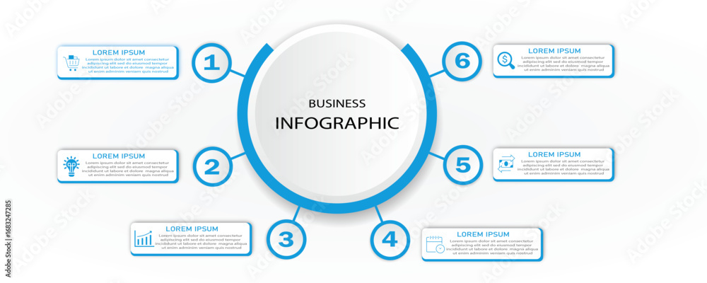 Poster business process with timeline and icon - infographic 6 steps or options cycle for visualization bus