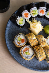 Diffeerent sushi rolls on a plate.