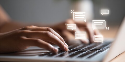 Hands typing on a laptop, with message icons overlayed